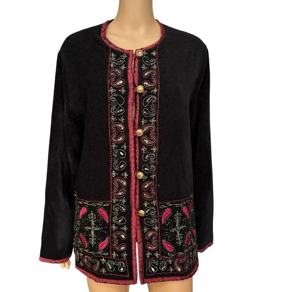 WHITE STAG vintage Black CHENILLE w/Satin Trim BEADED SEQUINS Button jacket XL